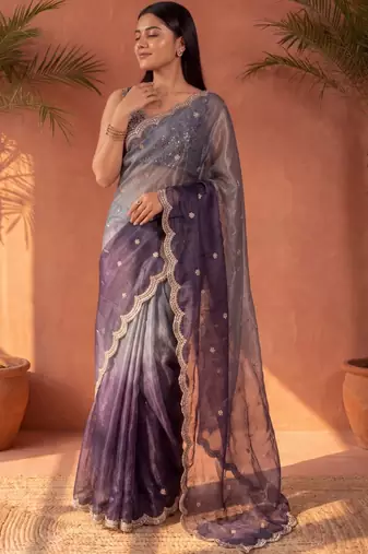 Purple ombre mirror work tissue saree
