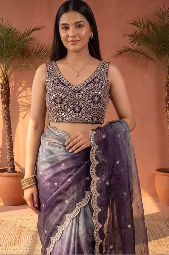 Purple ombre mirror work tissue saree