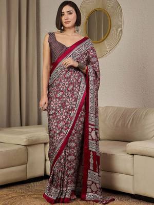 Burgundy ajrak printed  crepe block print ready to wear saree with unstitched blouse 1