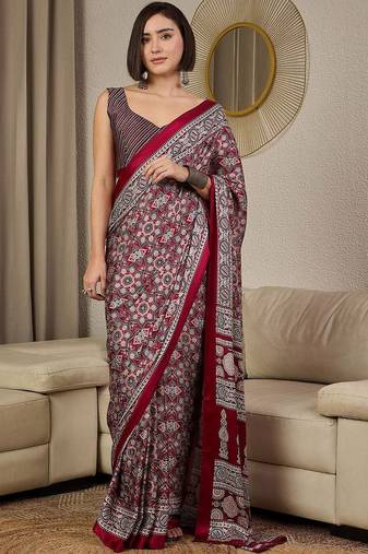 Burgundy ajrak printed  crepe block print ready to wear saree with unstitched blouse