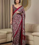 Burgundy ajrak printed  crepe block print ready to wear saree with unstitched blouse