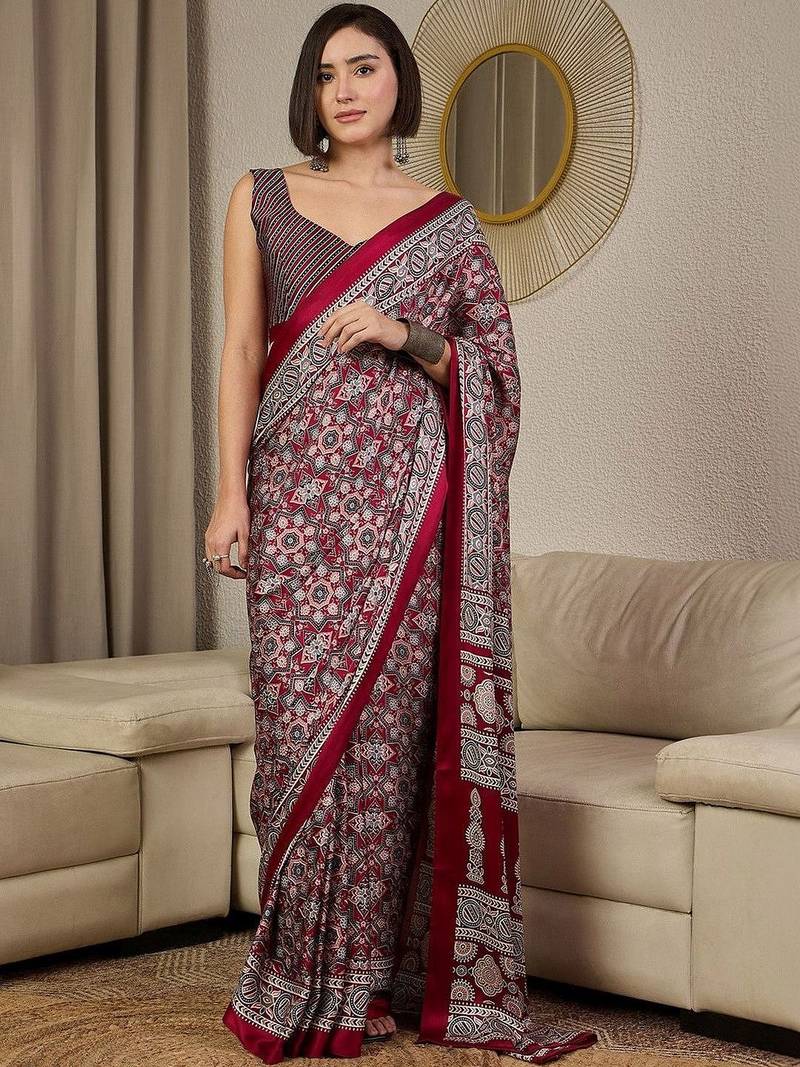 Burgundy ajrak printed  crepe block print ready to wear saree with unstitched blouse