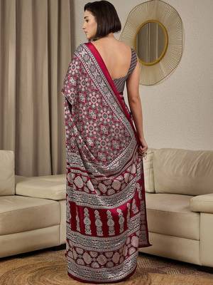 Burgundy ajrak printed  crepe block print ready to wear saree with unstitched blouse 2
