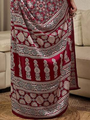Burgundy ajrak printed  crepe block print ready to wear saree with unstitched blouse 5