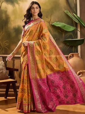 Mustard floral woven design patola saree with blouse piece 2