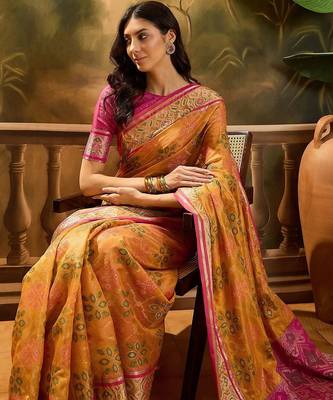 Mustard floral woven design patola saree with blouse piece 4