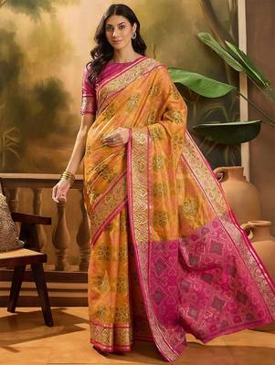 Mustard floral woven design patola saree with blouse piece 5