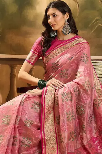 Pink geometric woven design patola saree with blouse piece