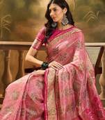 Pink geometric woven design patola saree with blouse piece