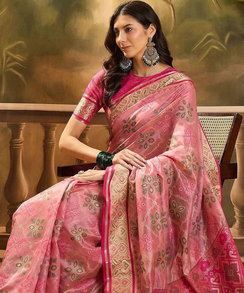 Pink geometric woven design patola saree with blouse piece