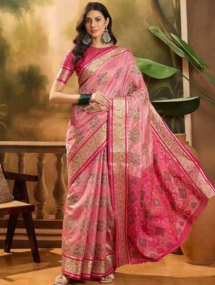 Pink geometric woven design patola saree with blouse piece 2