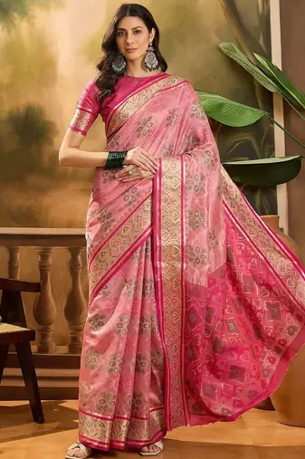 Pink geometric woven design patola saree with blouse piece