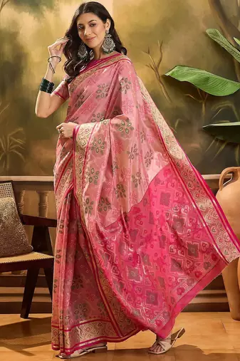 Pink geometric woven design patola saree with blouse piece