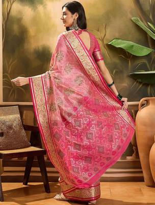 Pink geometric woven design patola saree with blouse piece 4