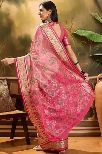 Pink geometric woven design patola saree with blouse piece