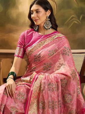 Pink geometric woven design patola saree with blouse piece 5