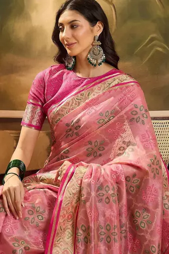 Pink geometric woven design patola saree with blouse piece