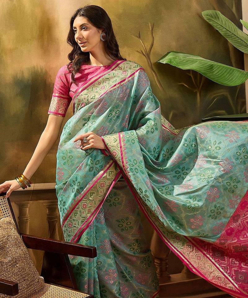 Blue woven design organza patola saree