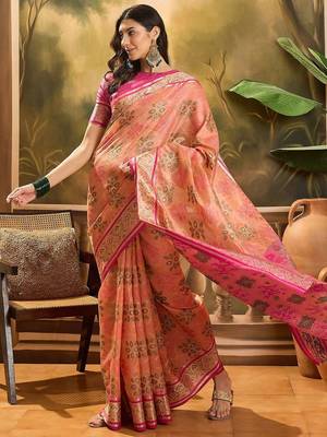 Peach ethnic motifs woven design patola saree 2