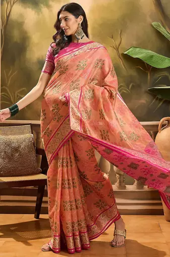 Peach ethnic motifs woven design patola saree