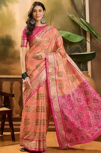 Peach ethnic motifs woven design patola saree