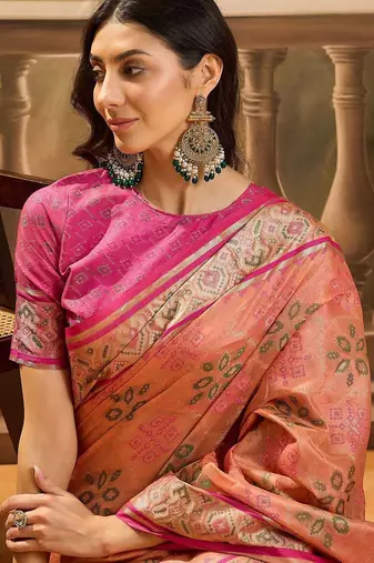 Peach ethnic motifs woven design patola saree