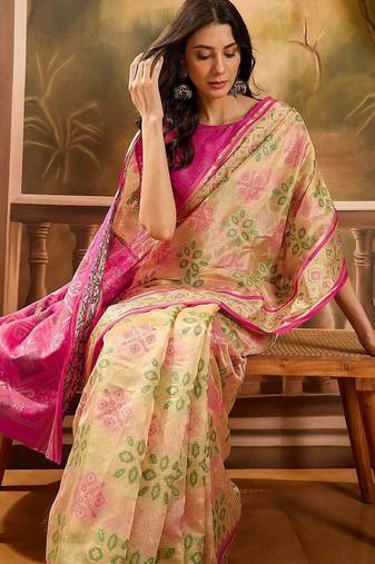 Beige woven design patola saree with unstitched blouse