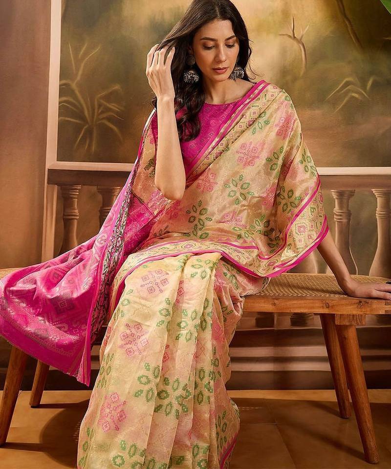 Beige woven design patola saree with unstitched blouse