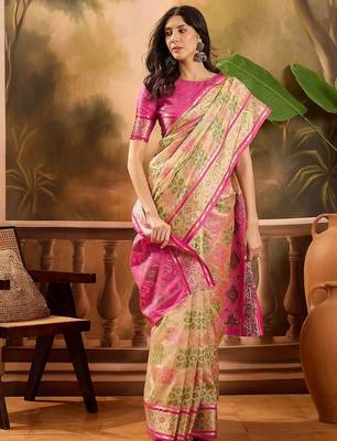 Beige woven design patola saree with unstitched blouse 4