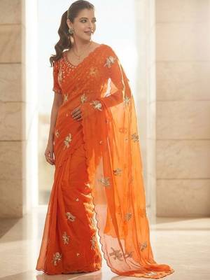 Orange ethnic motifs embroidered satin heavy work saree 2