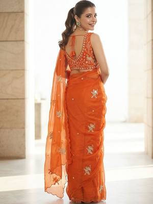Orange ethnic motifs embroidered satin heavy work saree 3