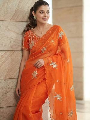 Orange ethnic motifs embroidered satin heavy work saree 5