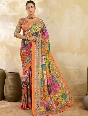 Multicolor ethnic motifs mirror work silk blend designer saree 1