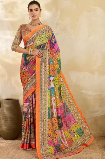 Multicolor ethnic motifs mirror work silk blend designer saree