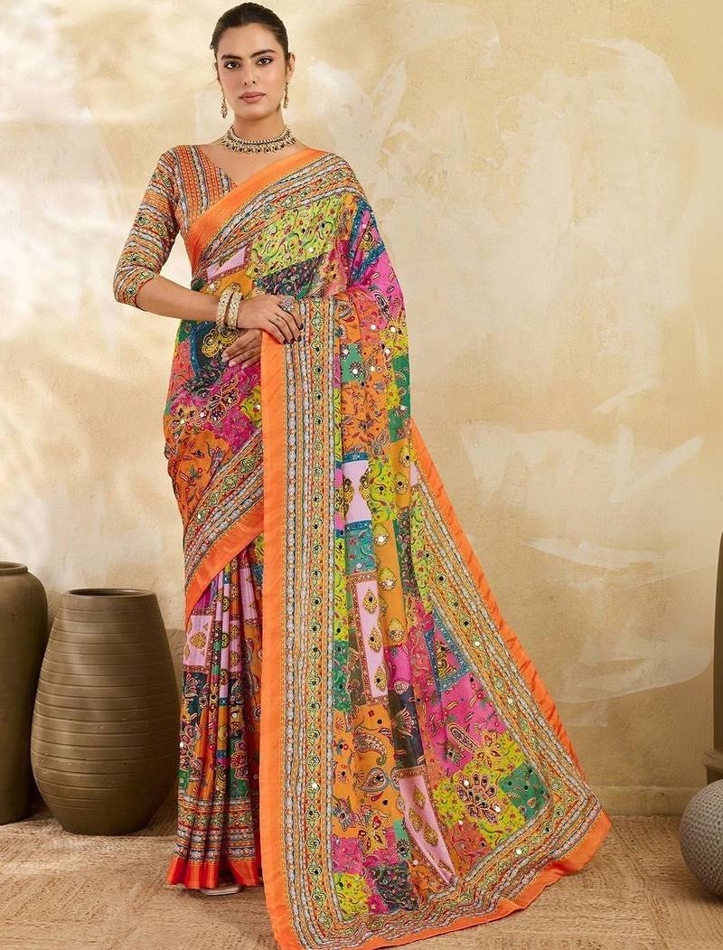 Multicolor ethnic motifs mirror work silk blend designer saree