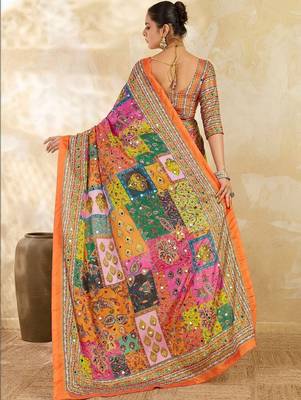 Multicolor ethnic motifs mirror work silk blend designer saree 2