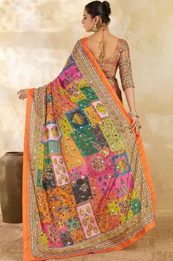 Multicolor ethnic motifs mirror work silk blend designer saree