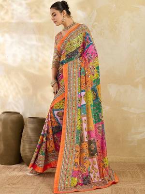 Multicolor ethnic motifs mirror work silk blend designer saree 3