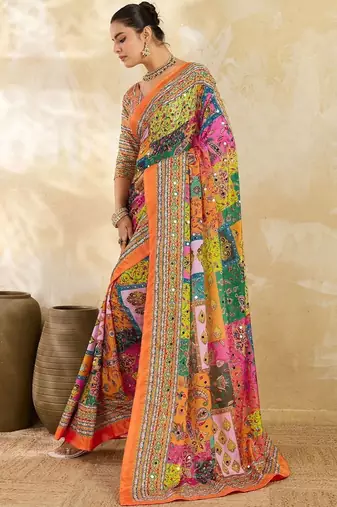 Multicolor ethnic motifs mirror work silk blend designer saree