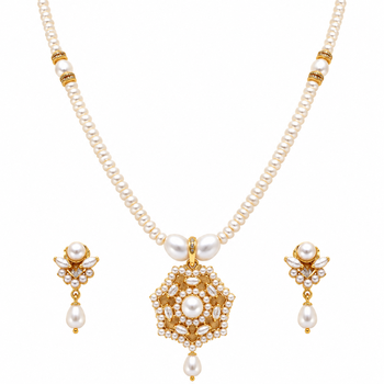 Certified Pearls Gold-Plated Pearl Necklace Set with Pendant & Earrings 1