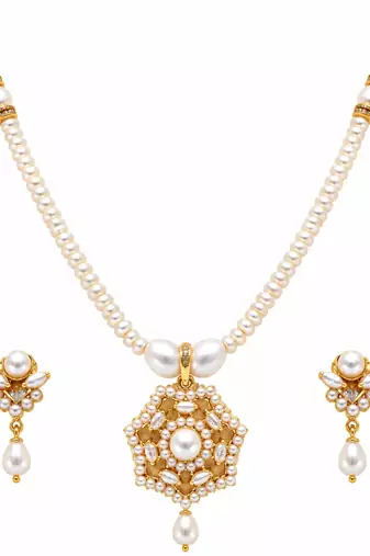 Certified Pearls Gold-Plated Pearl Necklace Set with Pendant & Earrings