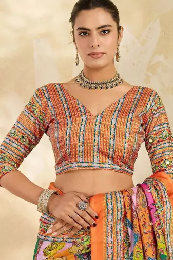 Multicolor ethnic motifs mirror work silk blend designer saree