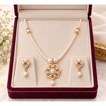 Certified Pearls Gold-Plated Pearl Necklace Set with Pendant & Earrings 2