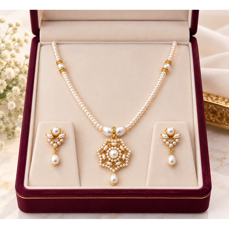 Certified Pearls Gold-Plated Pearl Necklace Set with Pendant & Earrings