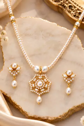 Certified Pearls Gold-Plated Pearl Necklace Set with Pendant & Earrings