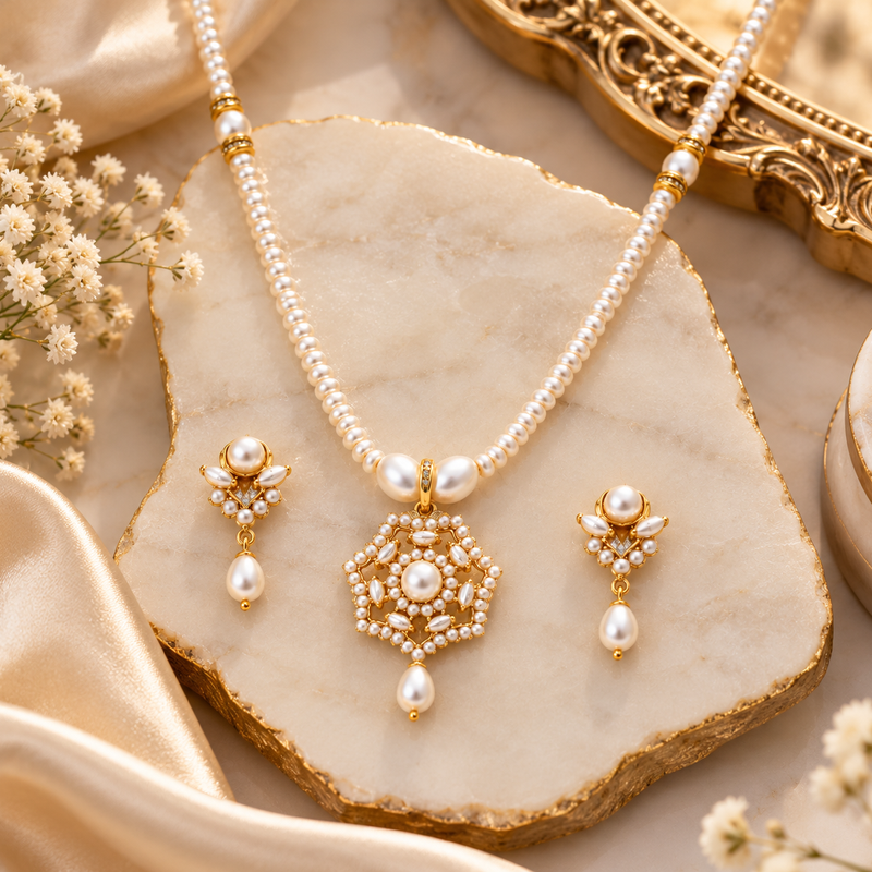 Certified Pearls Gold-Plated Pearl Necklace Set with Pendant & Earrings