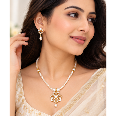 Certified Pearls Gold-Plated Pearl Necklace Set with Pendant & Earrings 4
