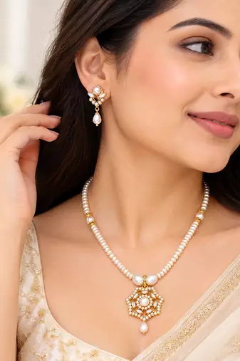 Certified Pearls Gold-Plated Pearl Necklace Set with Pendant & Earrings