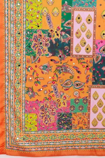 Multicolor ethnic motifs mirror work silk blend designer saree