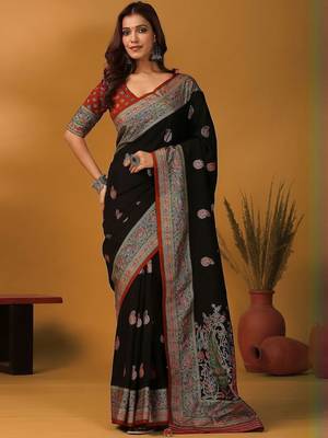 Black ethnic motifs embroidered banarasi saree 1